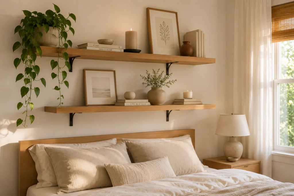 floating shelves bedroom wall decor ideas 2026 styled oak wood minimalist aesthetic
