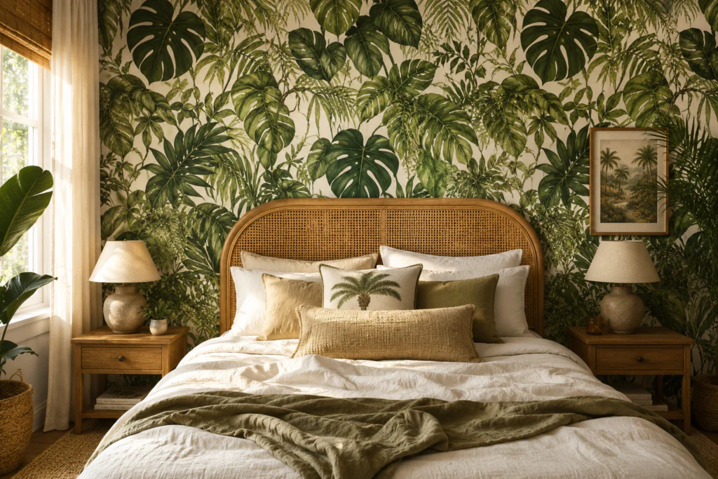peel and stick accent wallpaper bedroom wall decor ideas 2026 jungle botanical headboard wall
