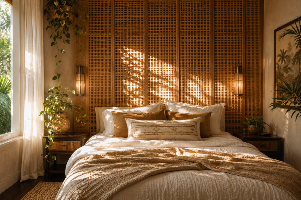 rattan wall panel bedroom wall decor ideas 2026 textured natural material headboard feature wall