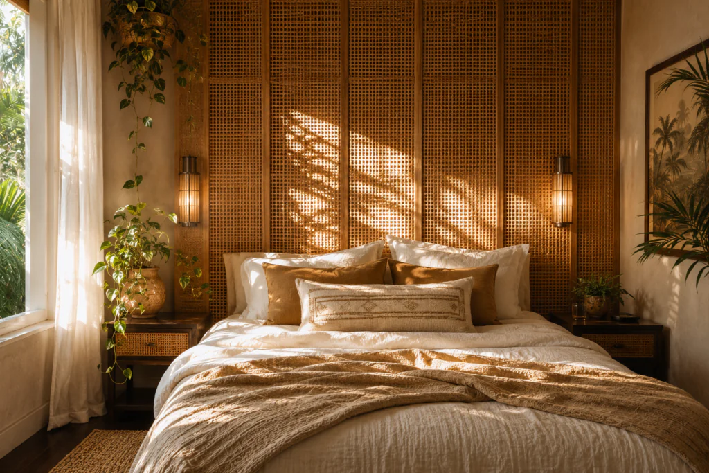 rattan wall panel bedroom wall decor ideas 2026 textured natural material headboard feature wall