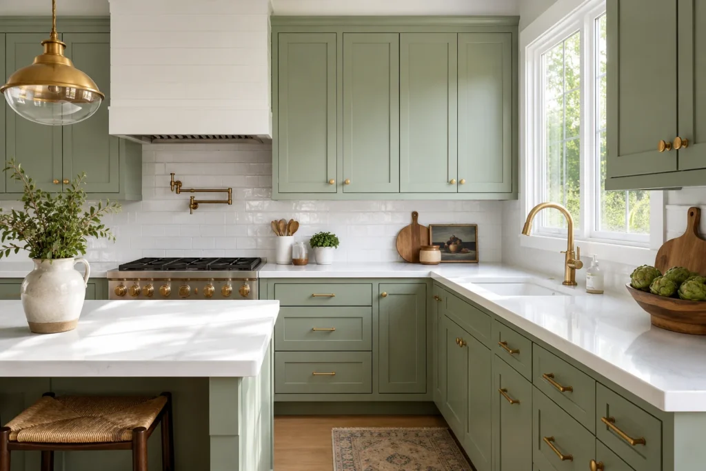 budget kitchen makeover 2026 sage green painted cabinets with brass hardware