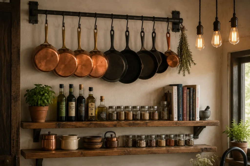 wall mounted pot rack kitchen budget kitchen makeover 2026 kitchen storage idea