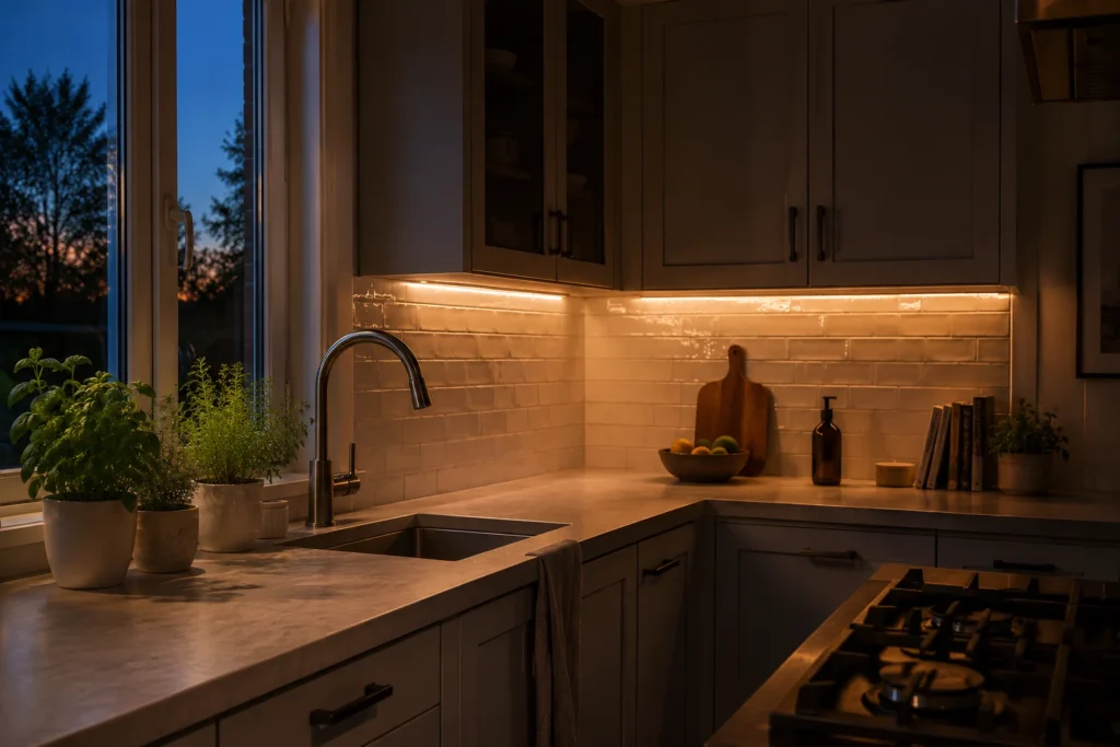 under-cabinet LED lighting budget kitchen makeover 2026 warm glow upgrade