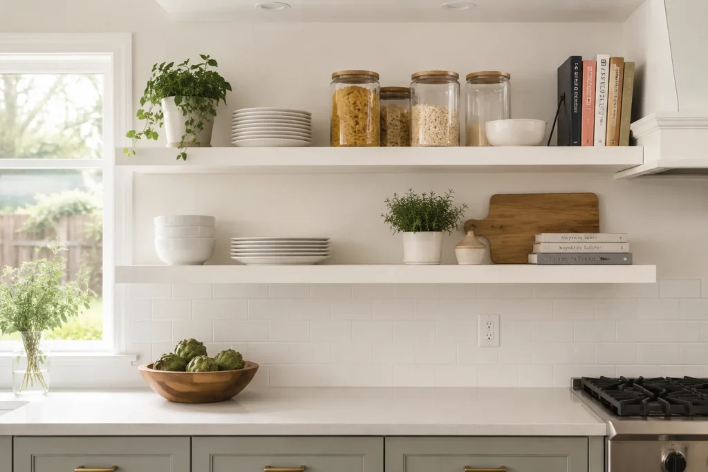open shelving kitchen idea budget kitchen makeover 2026 remove cabinet doors