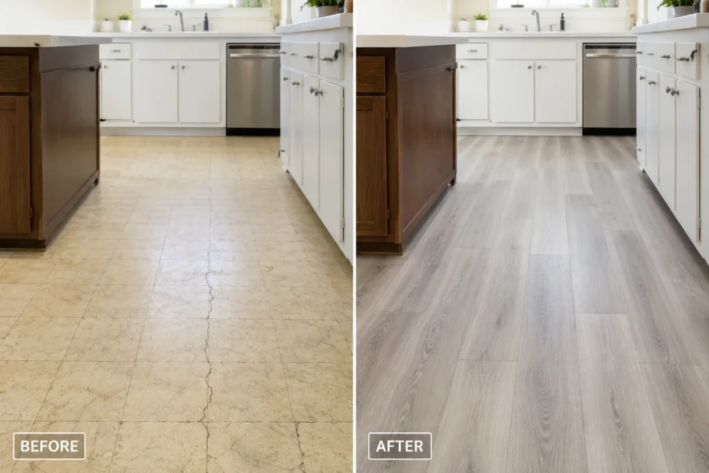 peel and stick vinyl floor tiles budget kitchen makeover 2026 DIY floor update