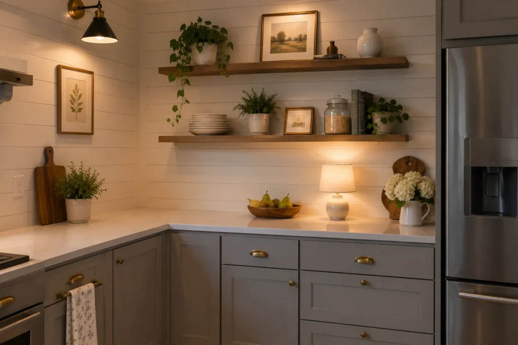shiplap accent wall budget kitchen makeover 2026 farmhouse style DIY