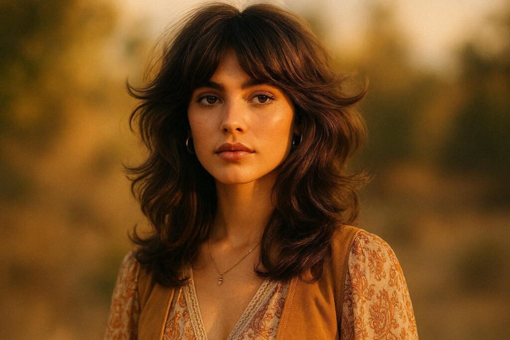 retro 70s butterfly shag haircut 2026 — vintage feathered layers with modern boho styling