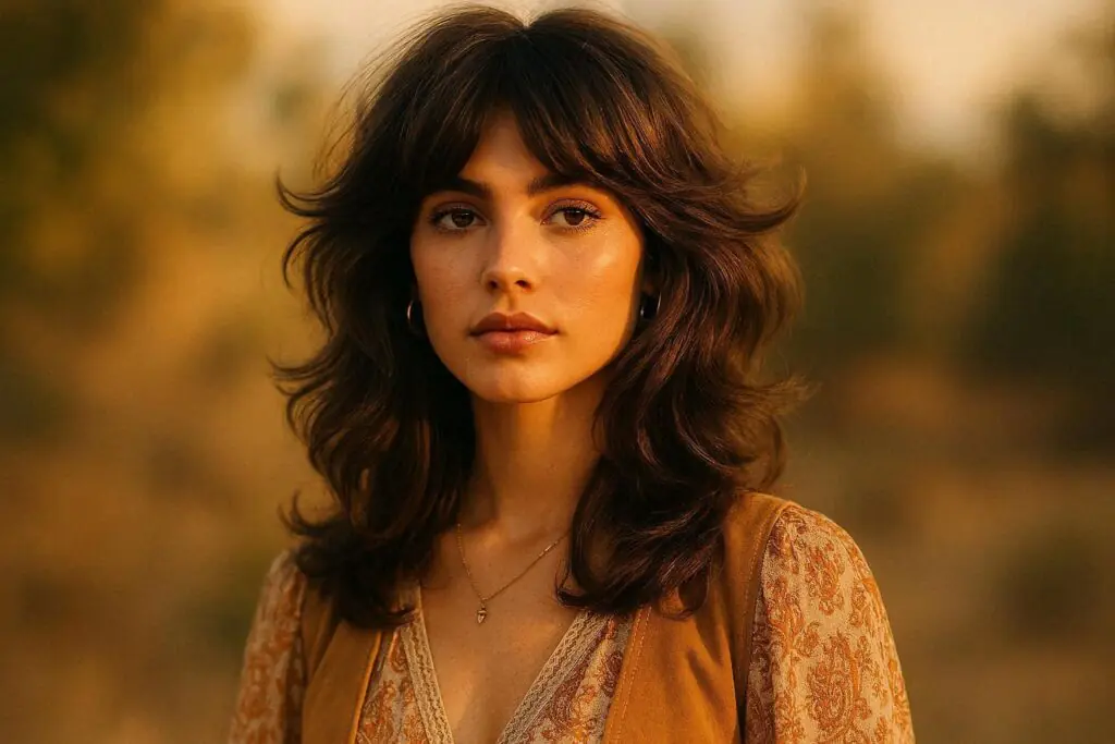 retro 70s butterfly shag haircut 2026 — vintage feathered layers with modern boho styling