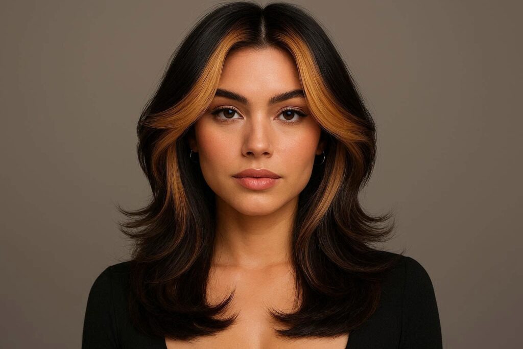 butterfly haircut with money piece highlights 2026 — face-framing color and feathered layers