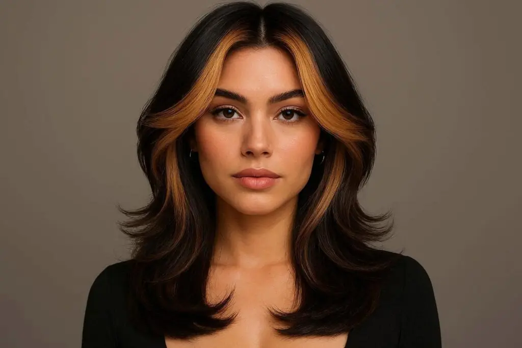 butterfly haircut with money piece highlights 2026 — face-framing color and feathered layers