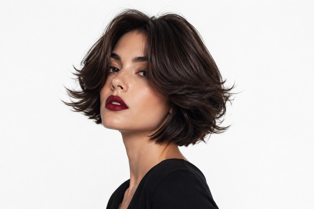 short butterfly bob haircut 2026 — chin-length layered voluminous cut with editorial styling