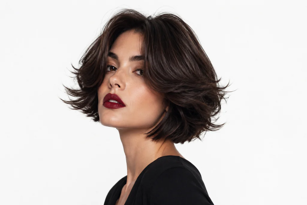 short butterfly bob haircut 2026 — chin-length layered voluminous cut with editorial styling