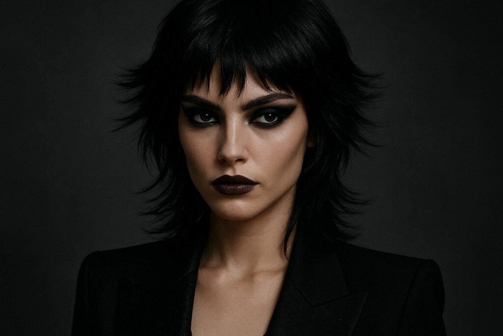 dark butterfly haircut 2026 — jet black feathered layers with edgy editorial styling
