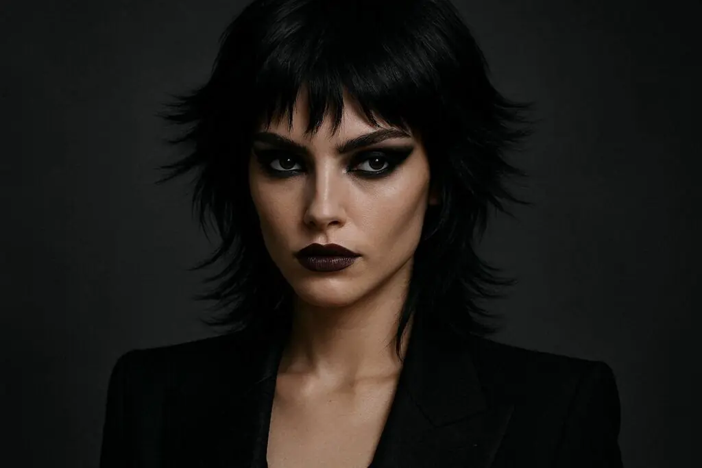 dark butterfly haircut 2026 — jet black feathered layers with edgy editorial styling