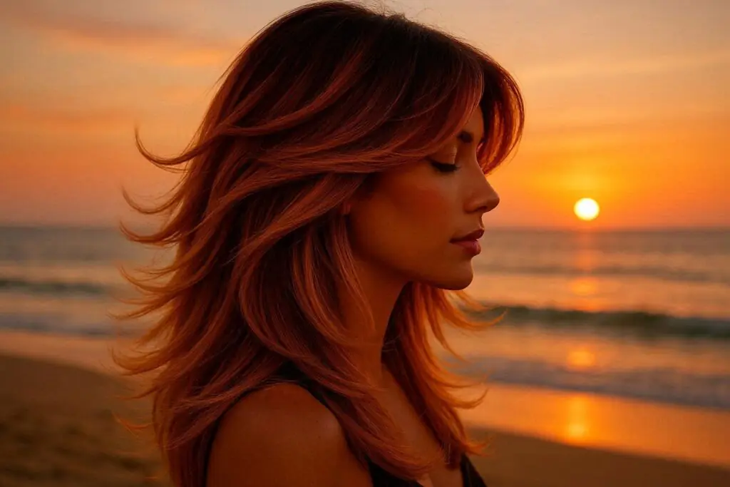 balayage butterfly haircut 2026 — sunset orange to honey gradient with feathered layers
