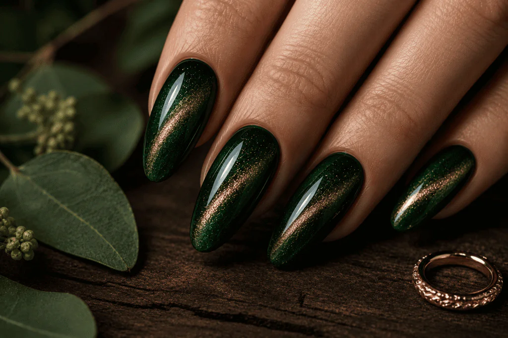  green cat eye nails emerald gold shimmer almond nails botanical luxury aesthetic 2026