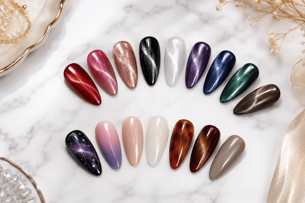 cat eye nails 2026 trend all colors flat lay on marble surface editorial beauty photo
