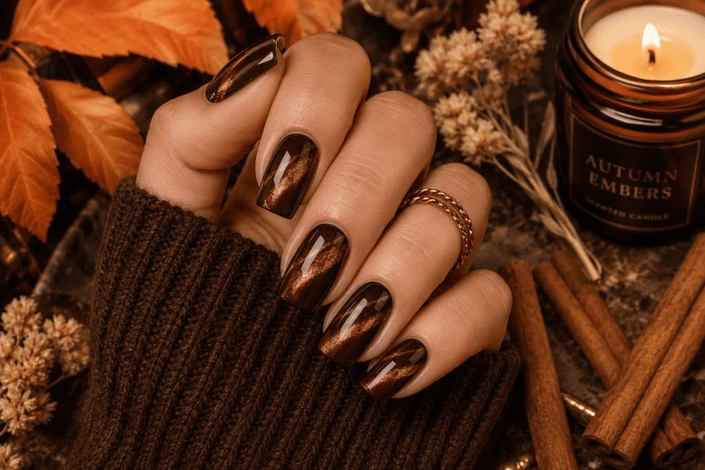 brown cat eye nails chocolate copper shimmer autumn styling square nails 2026