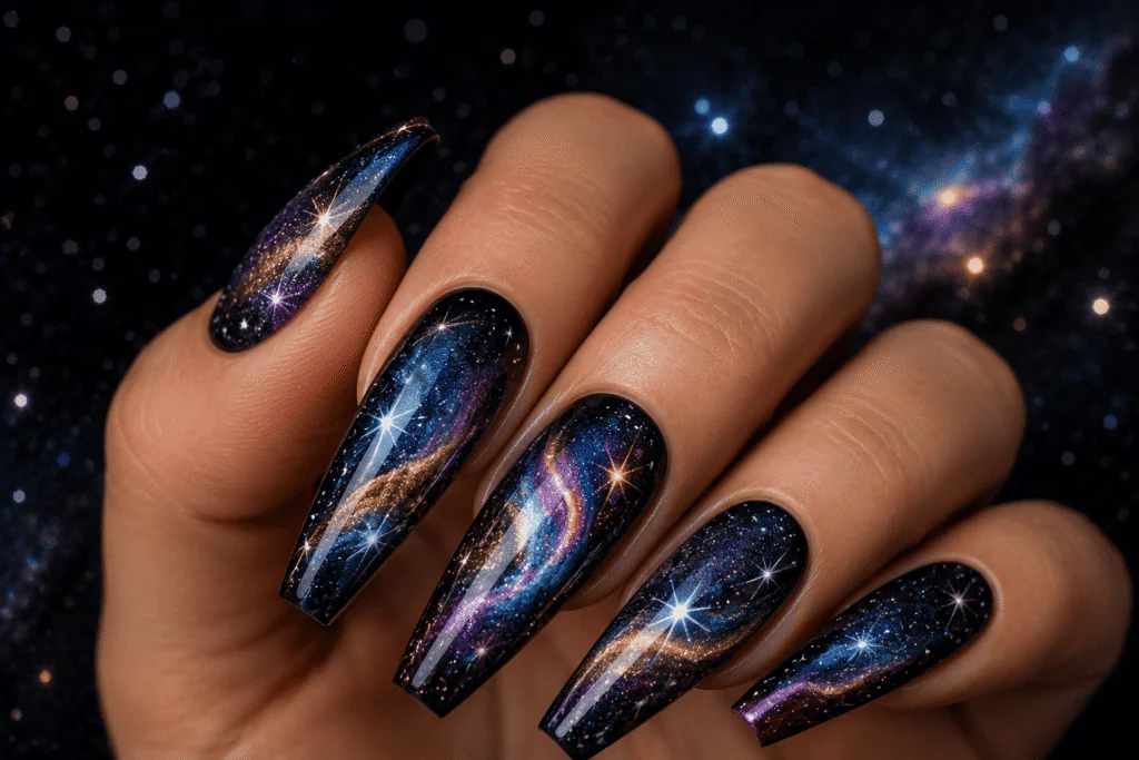 galaxy cat eye nails cosmic nebula effect multiple shimmer colors coffin nails 2026