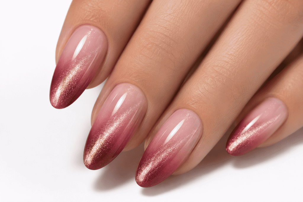 ombre cat eye nails pink to raspberry gradient with silver magnetic shimmer almond 2026