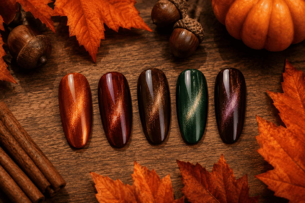 fall cat eye nails autumn colors burgundy orange brown green swatches on wood with leaves 2026