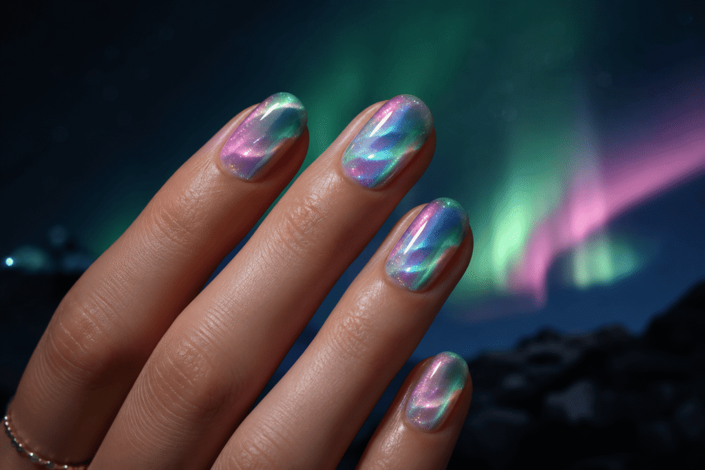 aurora cat eye nails northern lights iridescent shimmer oval nails 2026 newest trend