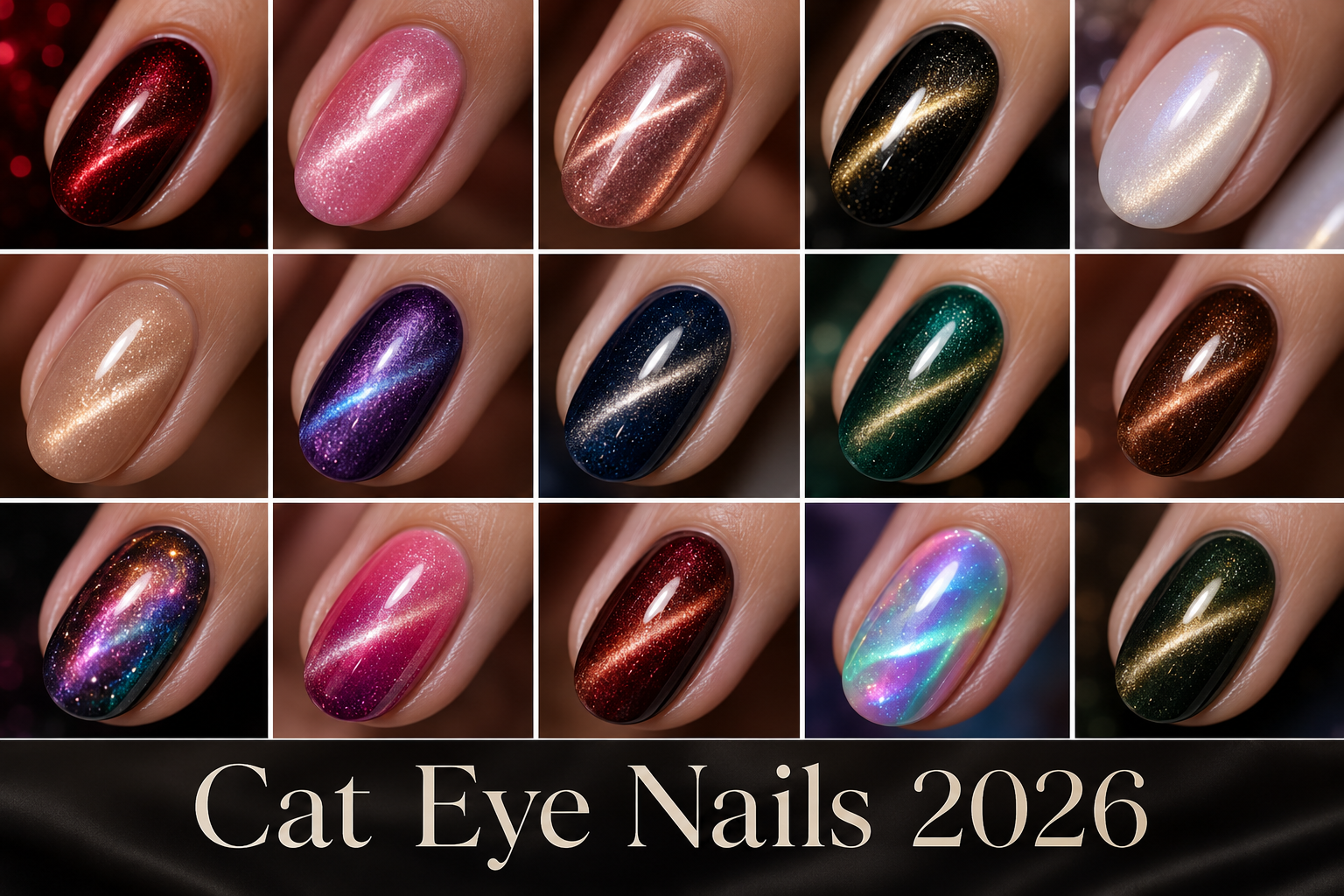 cat eye nails 2026 featured image collage showing 15 stunning designs including red, pink, rose gold, black, milky white, nude, purple, blue, green, brown, galaxy, ombre, fall, aurora, and neutral cat eye nails with magnetic shimmer effects