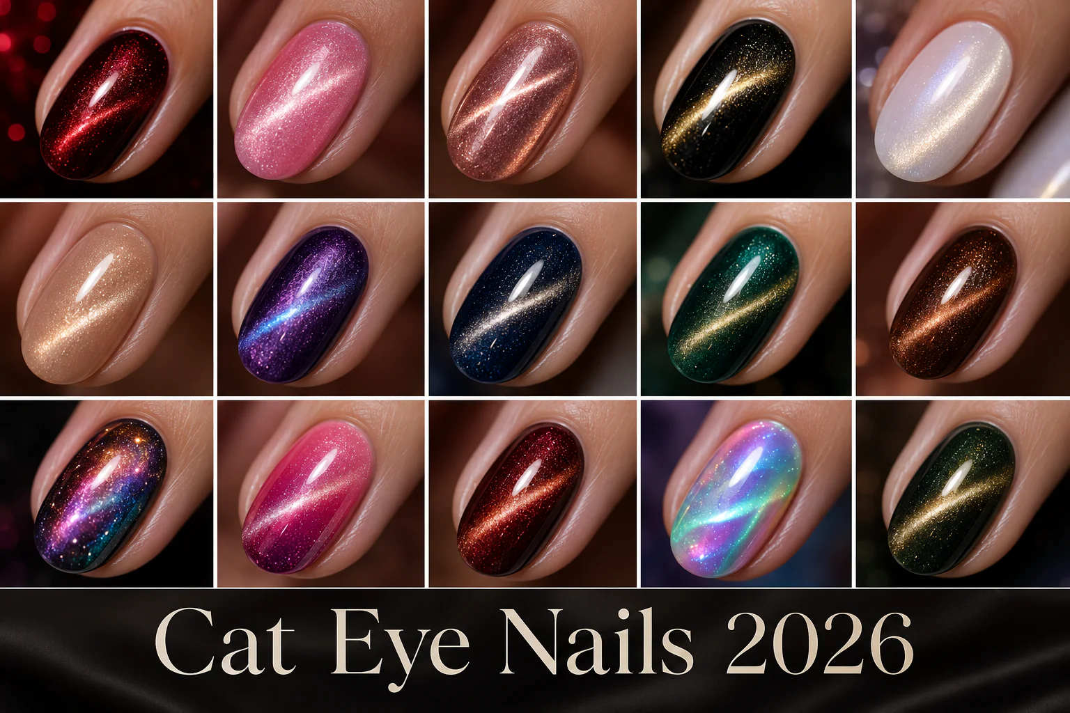 cat eye nails 2026 featured image collage showing 15 stunning designs including red, pink, rose gold, black, milky white, nude, purple, blue, green, brown, galaxy, ombre, fall, aurora, and neutral cat eye nails with magnetic shimmer effects