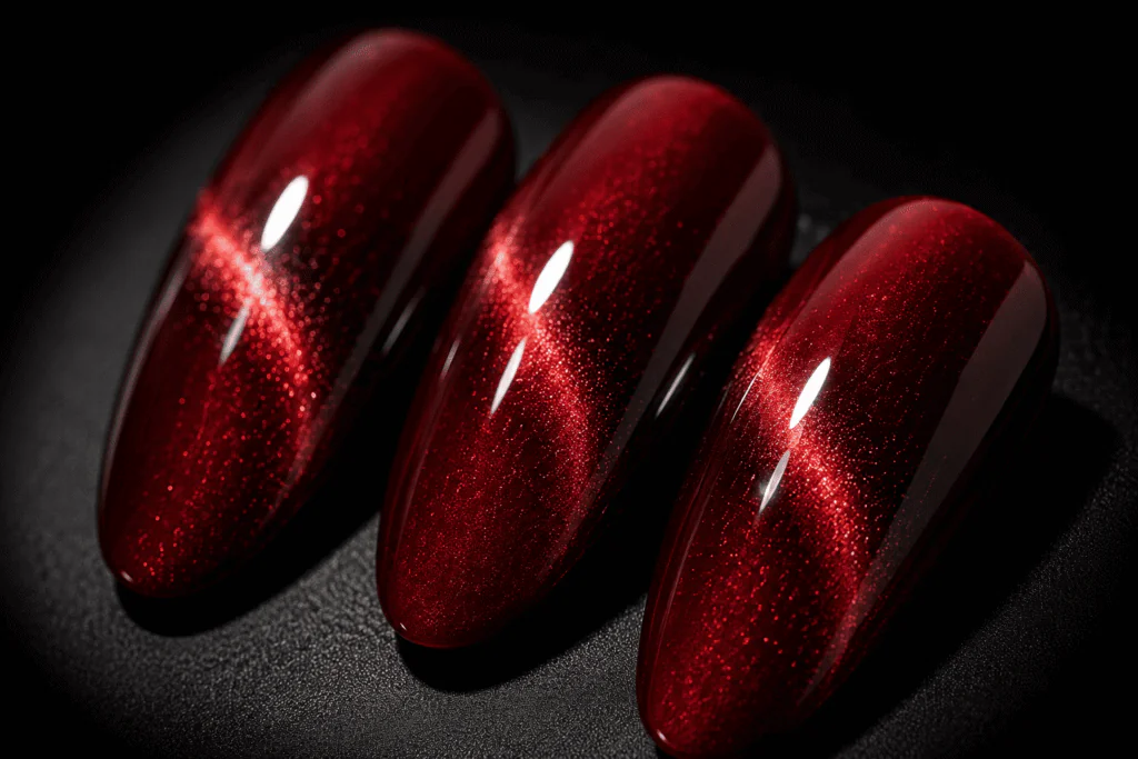  red cat eye nails with dark magnetic shimmer stripe on almond-shaped nails 2026