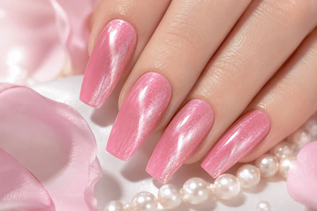  pink cat eye nails with silver rose shimmer on coffin nails pastel aesthetic 2026