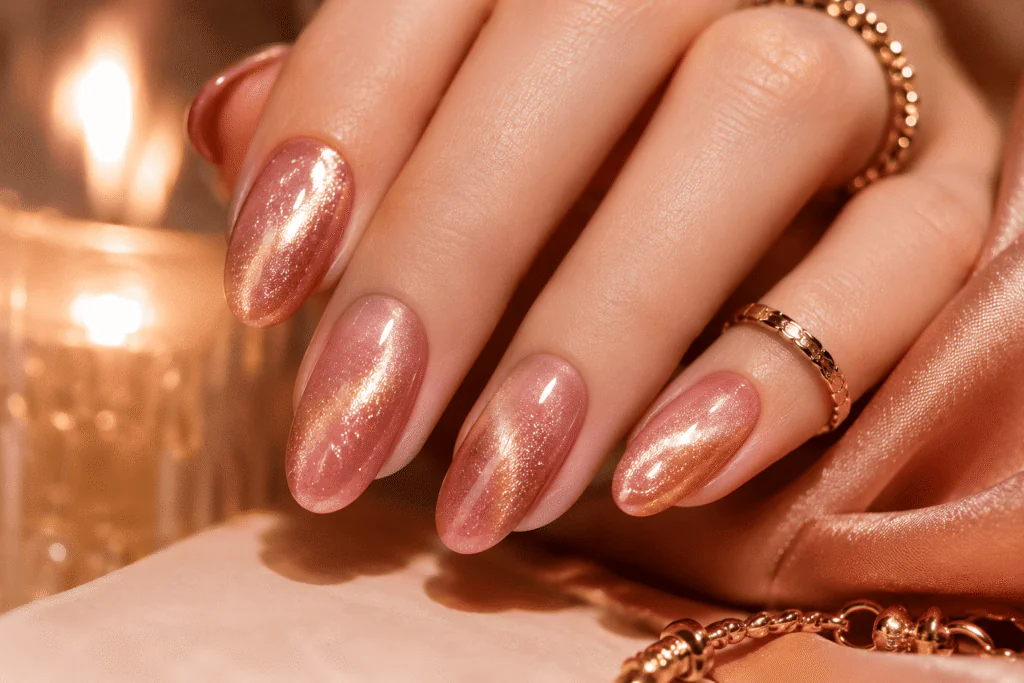 rose gold cat eye nails pink with metallic shimmer stripe luxury editorial 2026