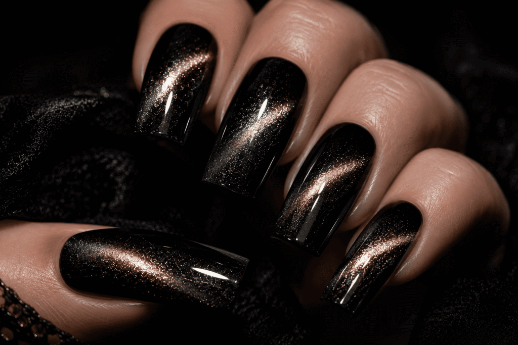 black cat eye nails with gold holographic shimmer on square nails moody editorial 2026