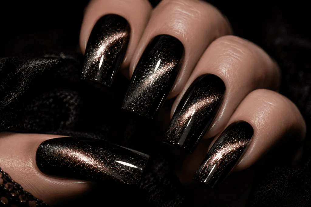 black cat eye nails with gold holographic shimmer on square nails moody editorial 2026