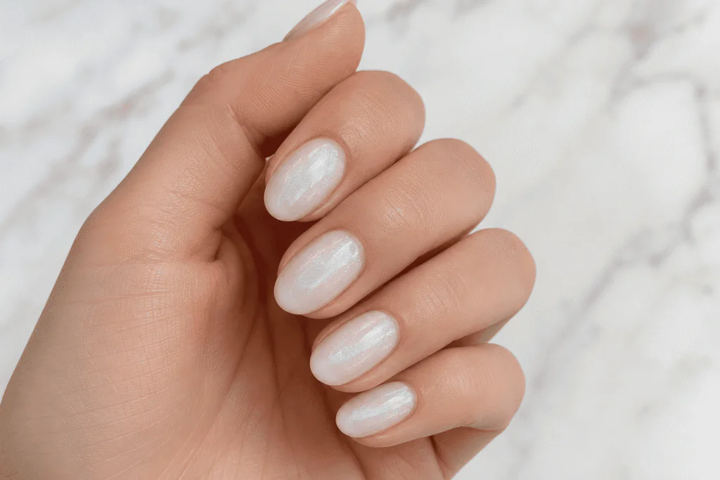 milky white cat eye nails pearl shimmer oval nails minimalist clean aesthetic 2026