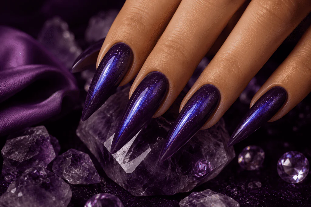 purple cat eye nails amethyst holographic shimmer stiletto nails mystical editorial 2026