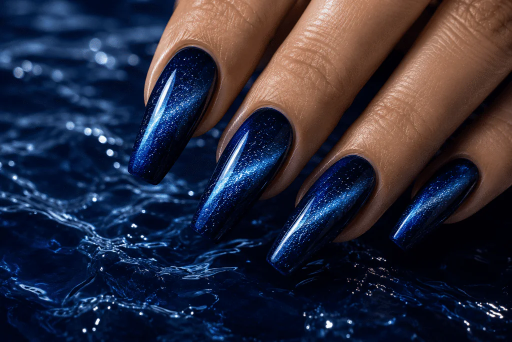 blue cat eye nails navy with silver holographic shimmer ocean depth coffin nails 2026