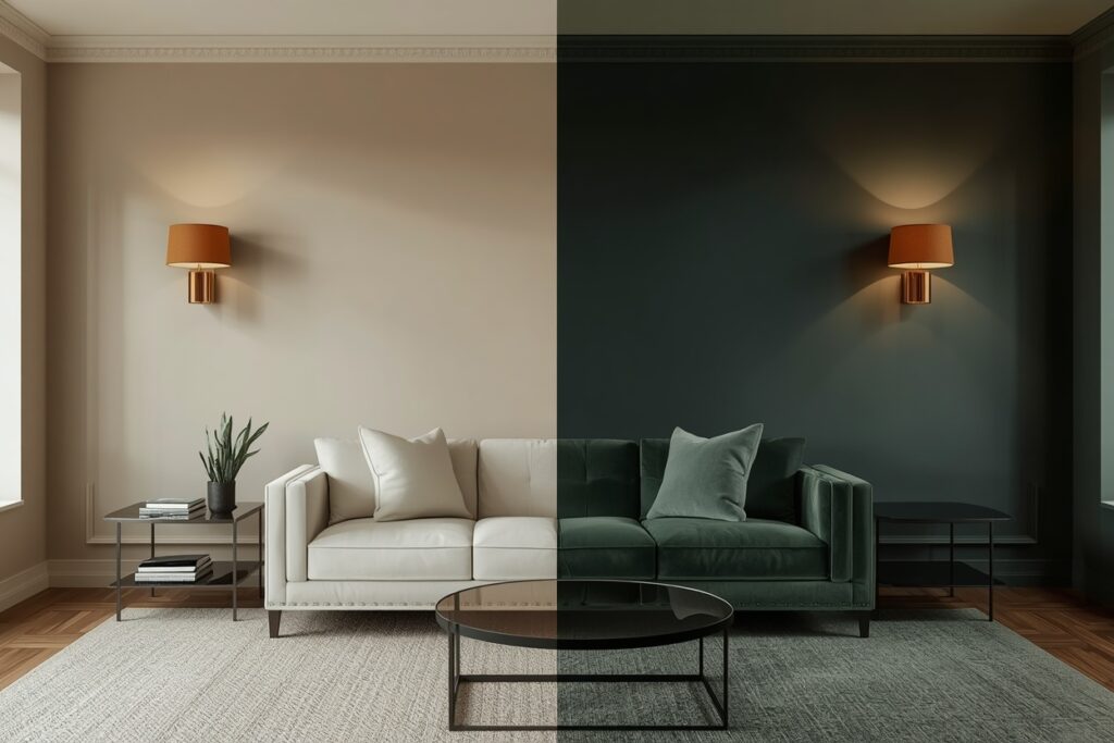 dark living room aesthetic 2026 before and after transformation charcoal walls green velvet sofa