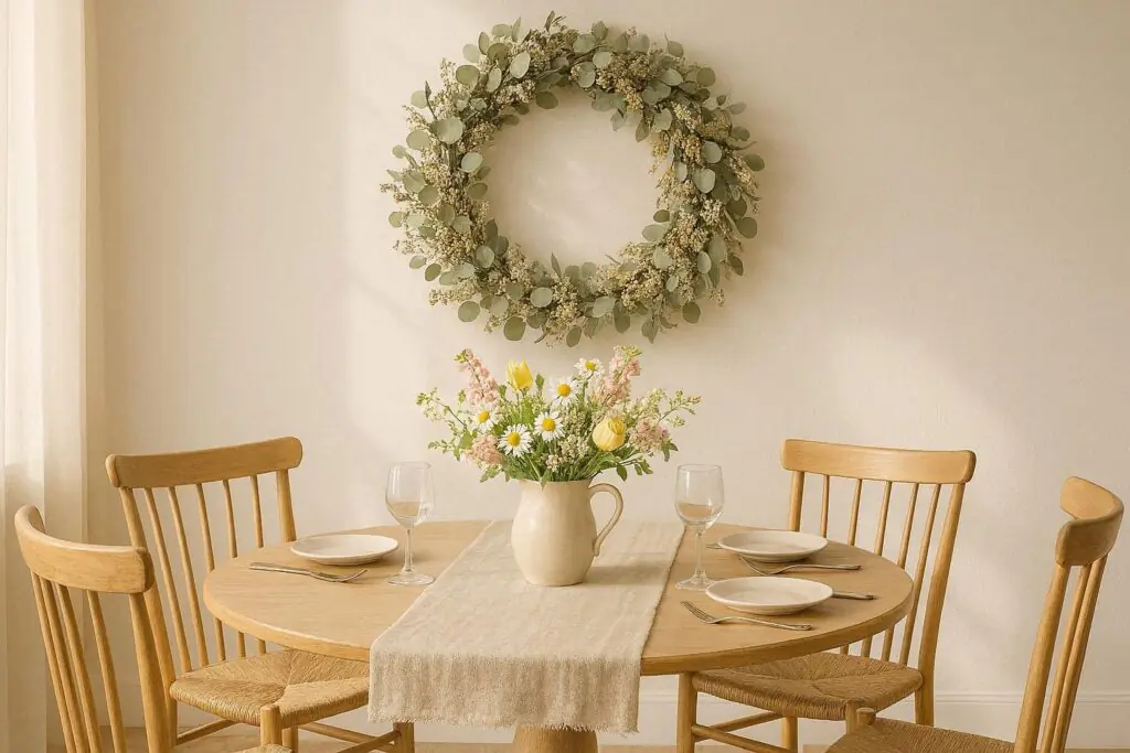 seasonal wreath dining room wall decor ideas dried eucalyptus wreath on white wall spring