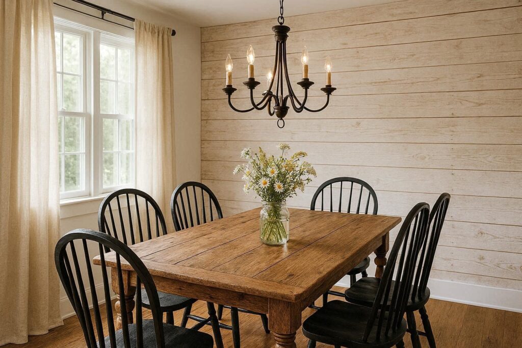shiplap wood plank accent wall dining room wall decor ideas farmhouse dining room rustic
