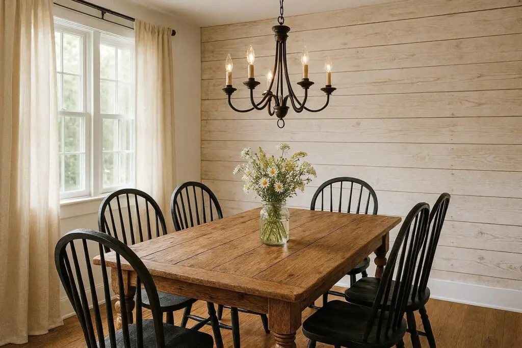 shiplap wood plank accent wall dining room wall decor ideas farmhouse dining room rustic