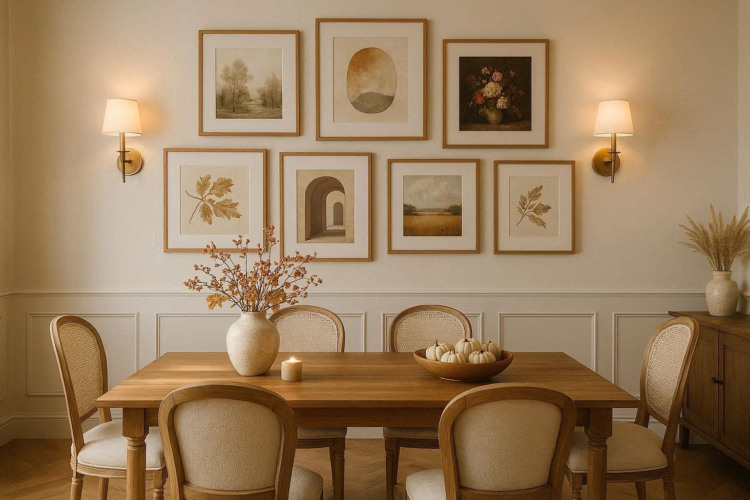 Modern farmhouse dining room with wooden dining table, beige upholstered chairs, gallery wall with framed artwork, wall sconces, and neutral decor accents