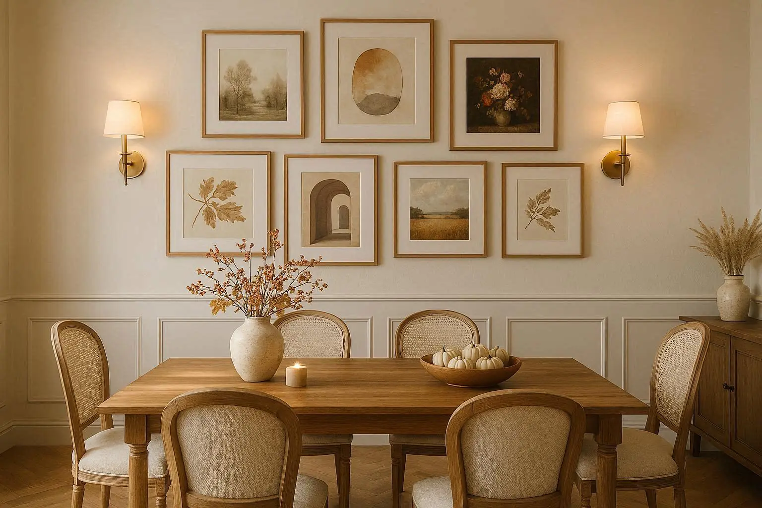 Modern farmhouse dining room with wooden dining table, beige upholstered chairs, gallery wall with framed artwork, wall sconces, and neutral decor accents