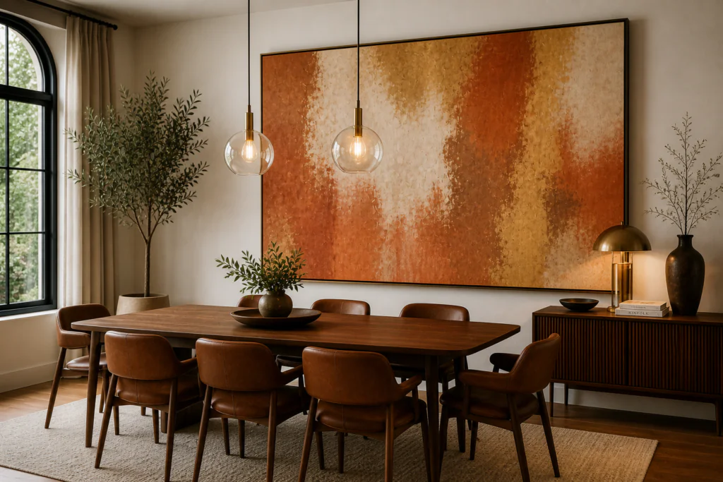 oversized statement art dining room wall decor ideas with abstract canvas above dining table