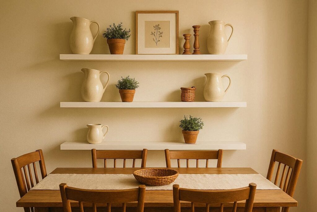 floating shelves dining room wall decor ideas with ceramic decor and potted plants