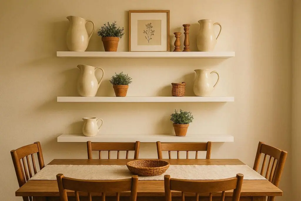 floating shelves dining room wall decor ideas with ceramic decor and potted plants