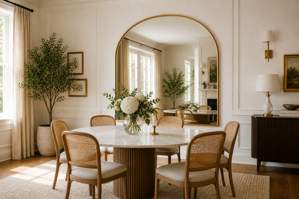 dining room wall decor ideas large arched mirror reflecting natural light in elegant dining space