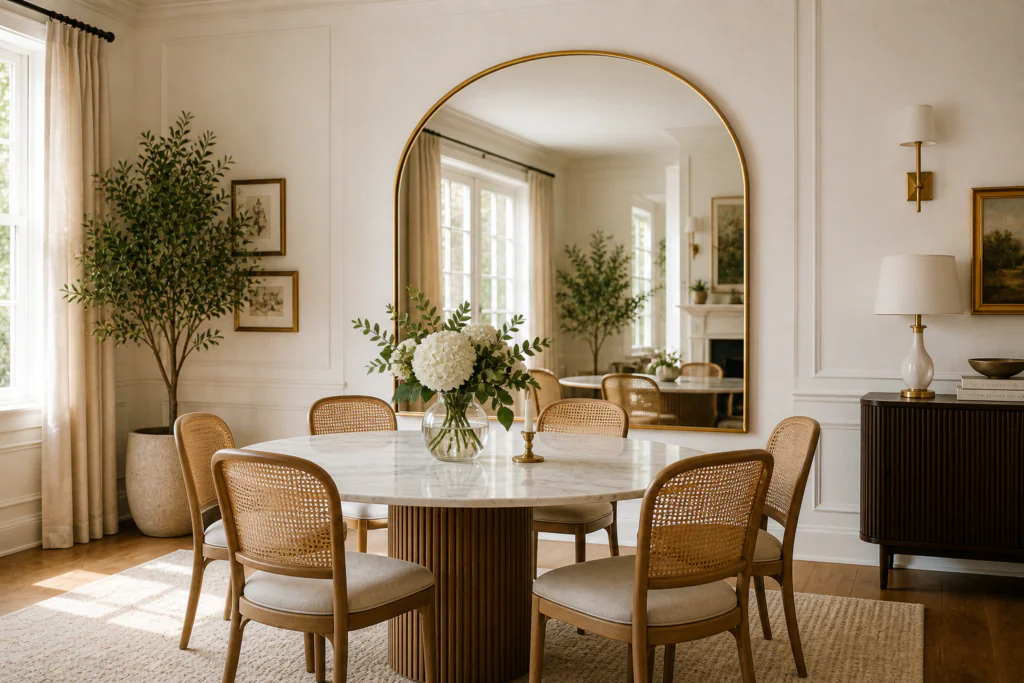 dining room wall decor ideas large arched mirror reflecting natural light in elegant dining space