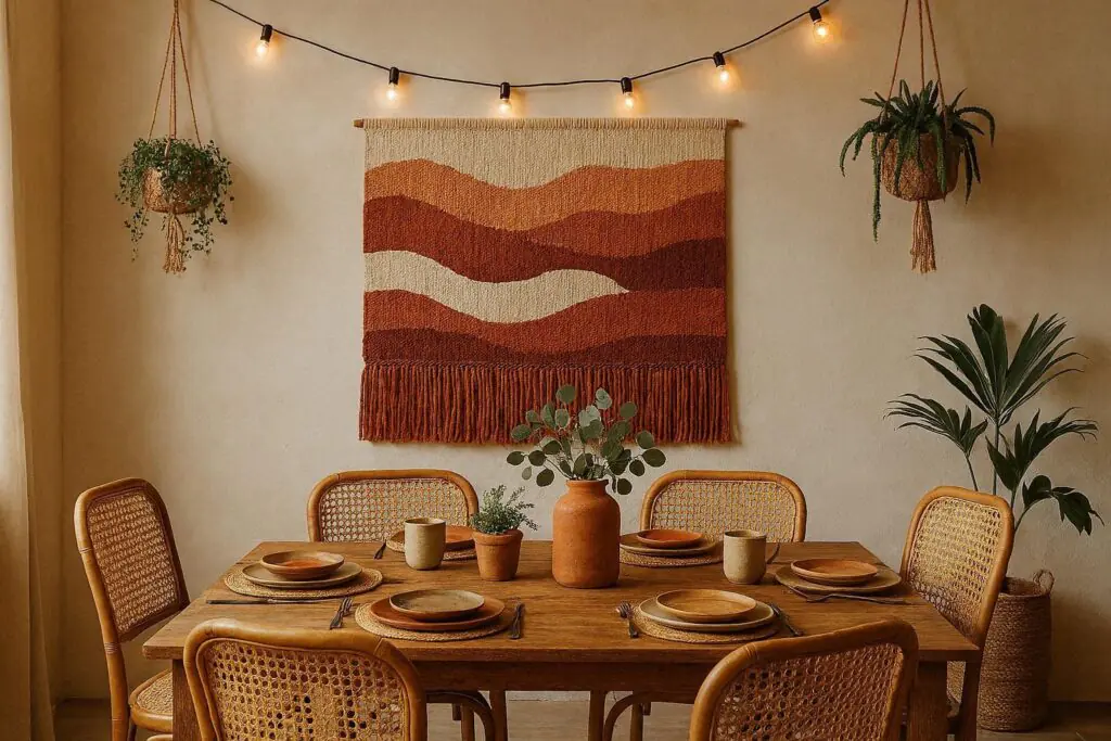 boho dining room wall decor ideas textile tapestry in earth tones with rattan chairs