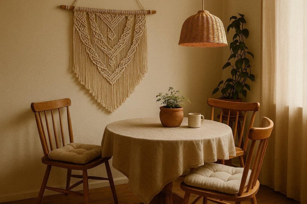 DIY macrame dining room wall decor ideas handmade wall hanging above dining table