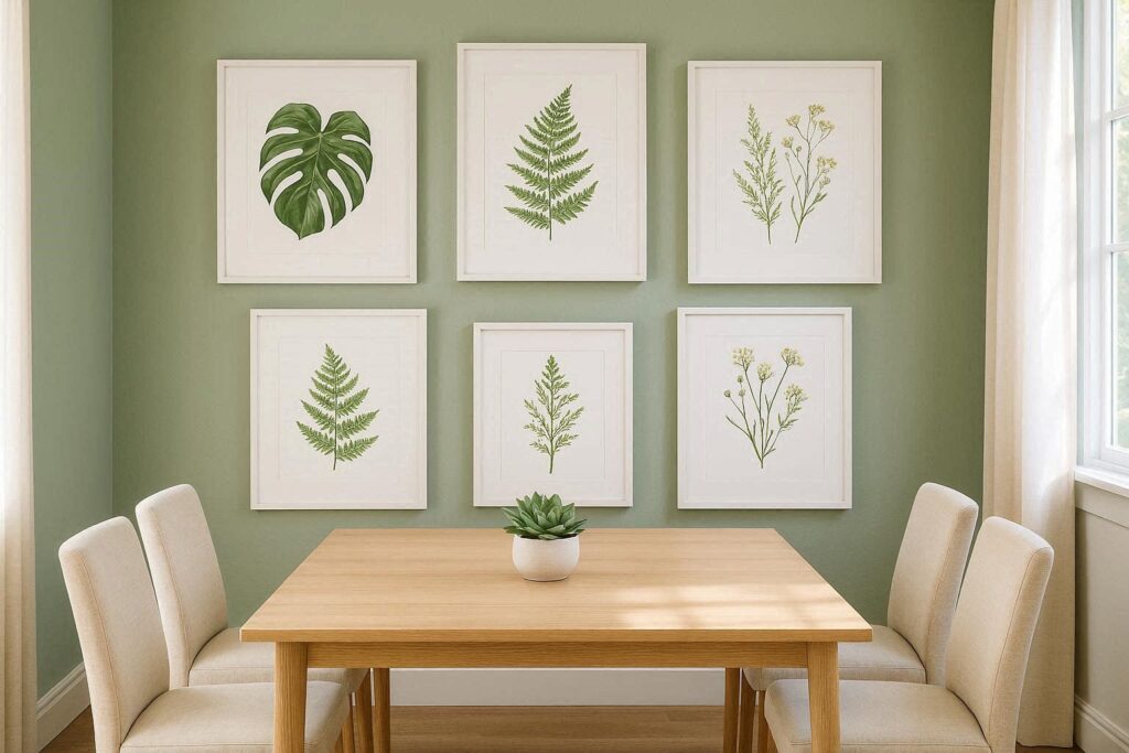  botanical prints dining room wall decor ideas with framed plant illustrations on sage green wall